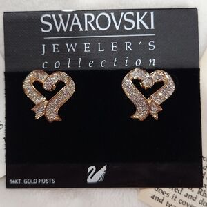 Swarovski Crystal Gold Ribbon Heart Earrings, Vintage 1995, NWT
